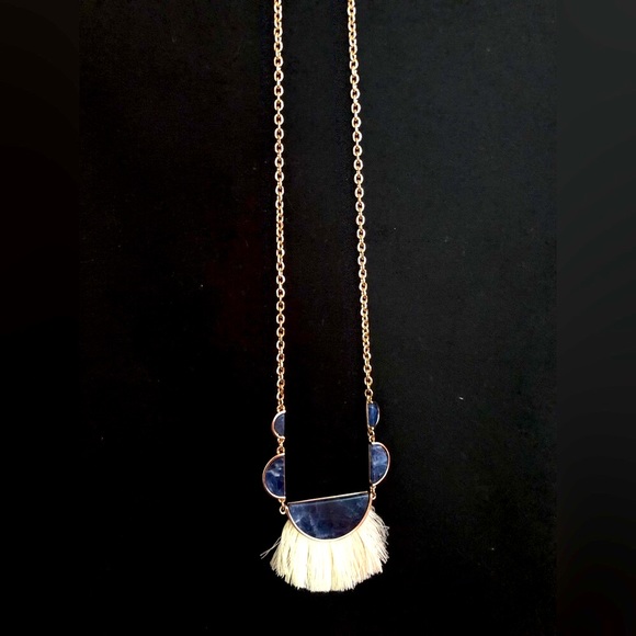 Anthropologie fringe tassel blue stone silver chain necklace Capwell brand - Picture 2 of 7